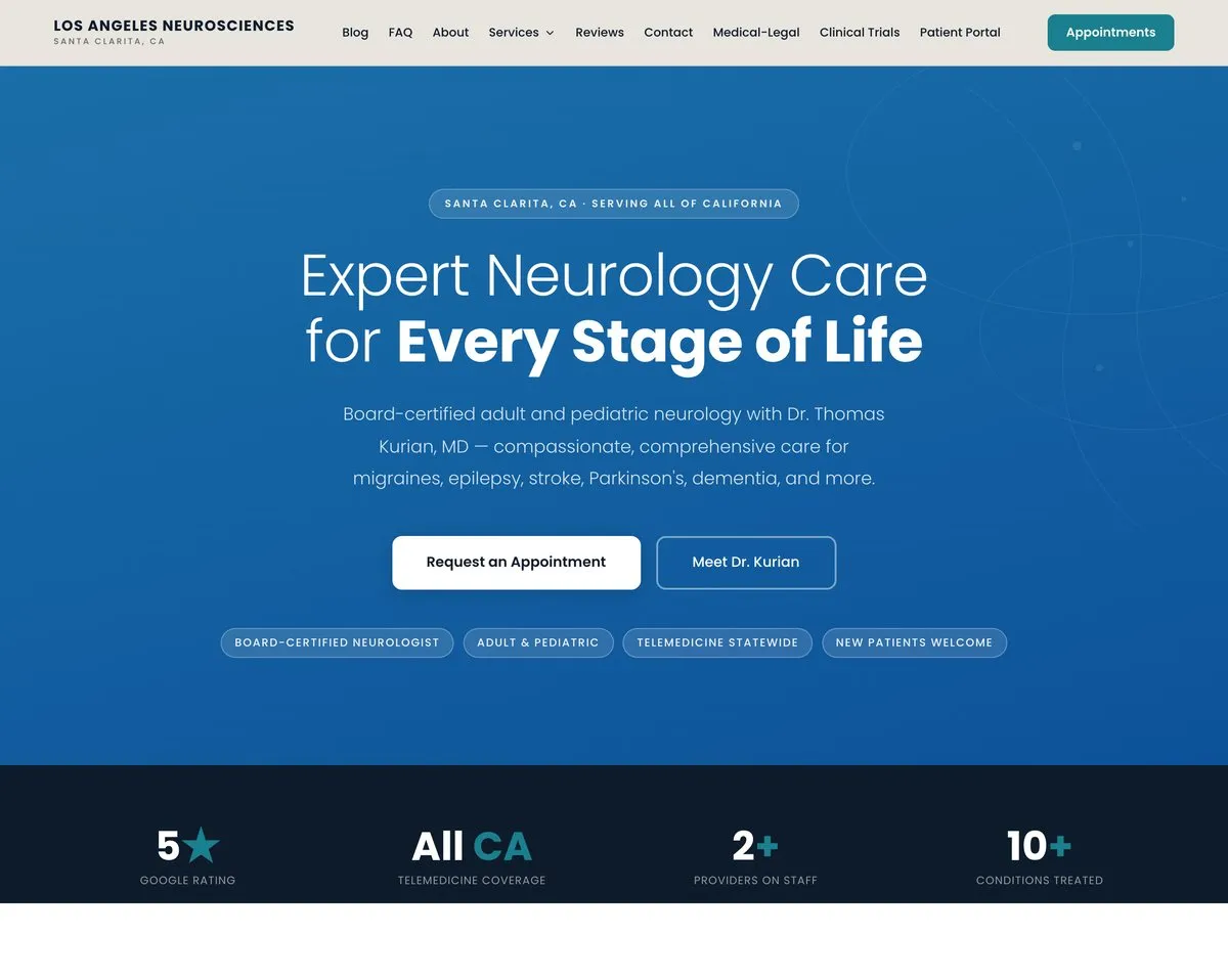 The rebuilt homepage, with a hero reading Expert Neurology Care for Every Stage of Life above a strip of practice stats, and a nav that now includes Services, Medical-Legal and Clinical Trials.