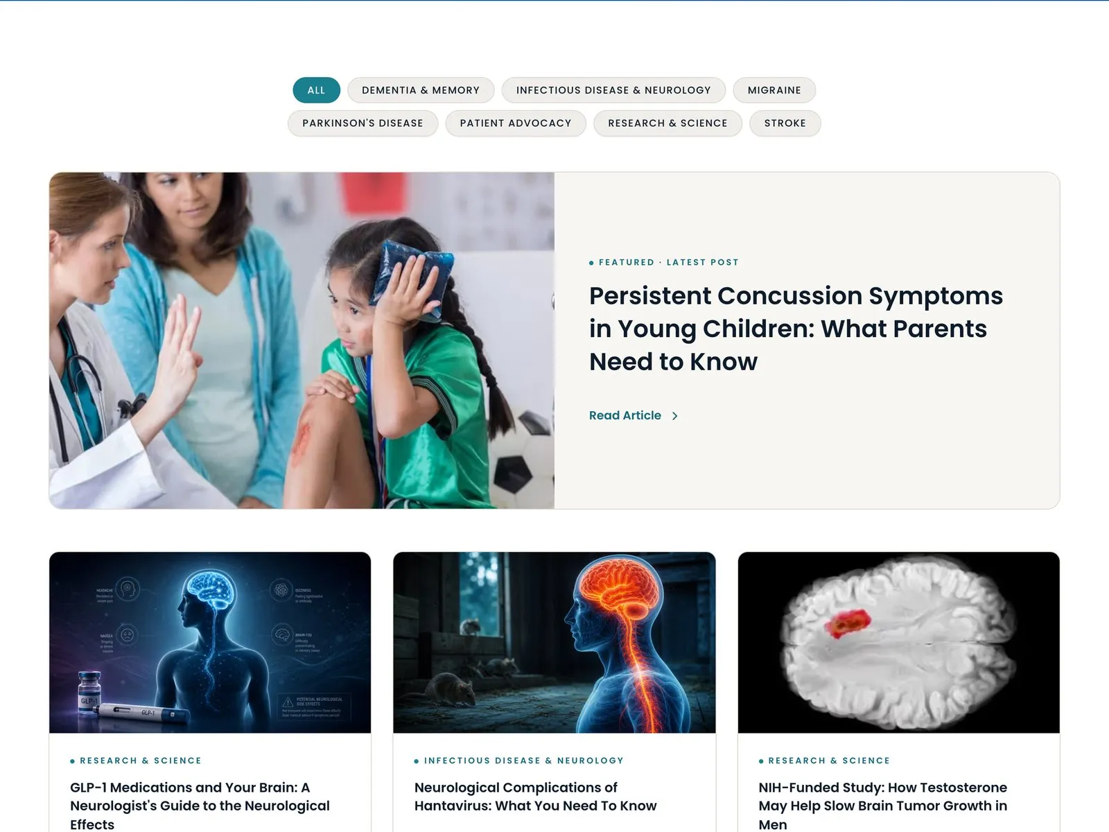 The blog page, with topic filters for dementia, migraine, Parkinson's and more, a featured post on concussion symptoms in young children, and a grid of recent posts.