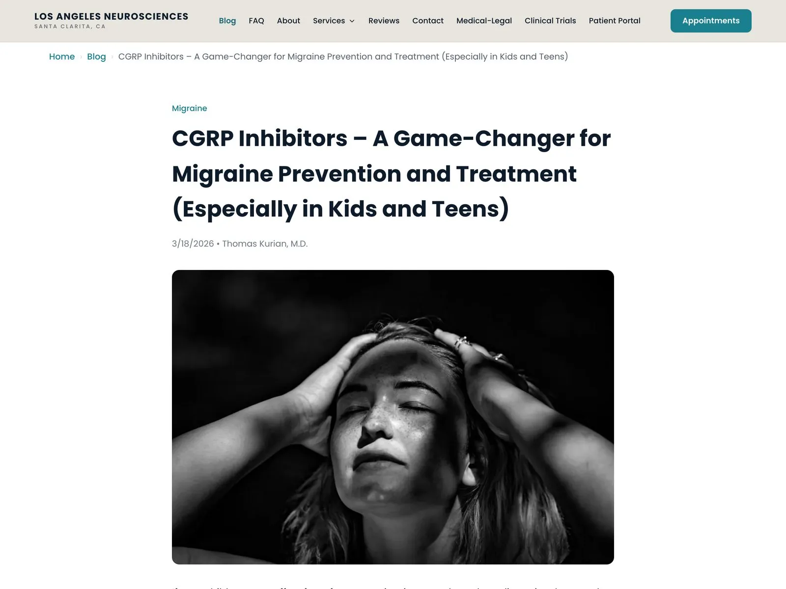 A blog post on the new site, CGRP Inhibitors, A Game-Changer for Migraine Prevention and Treatment, with its date, byline and a black and white photo.