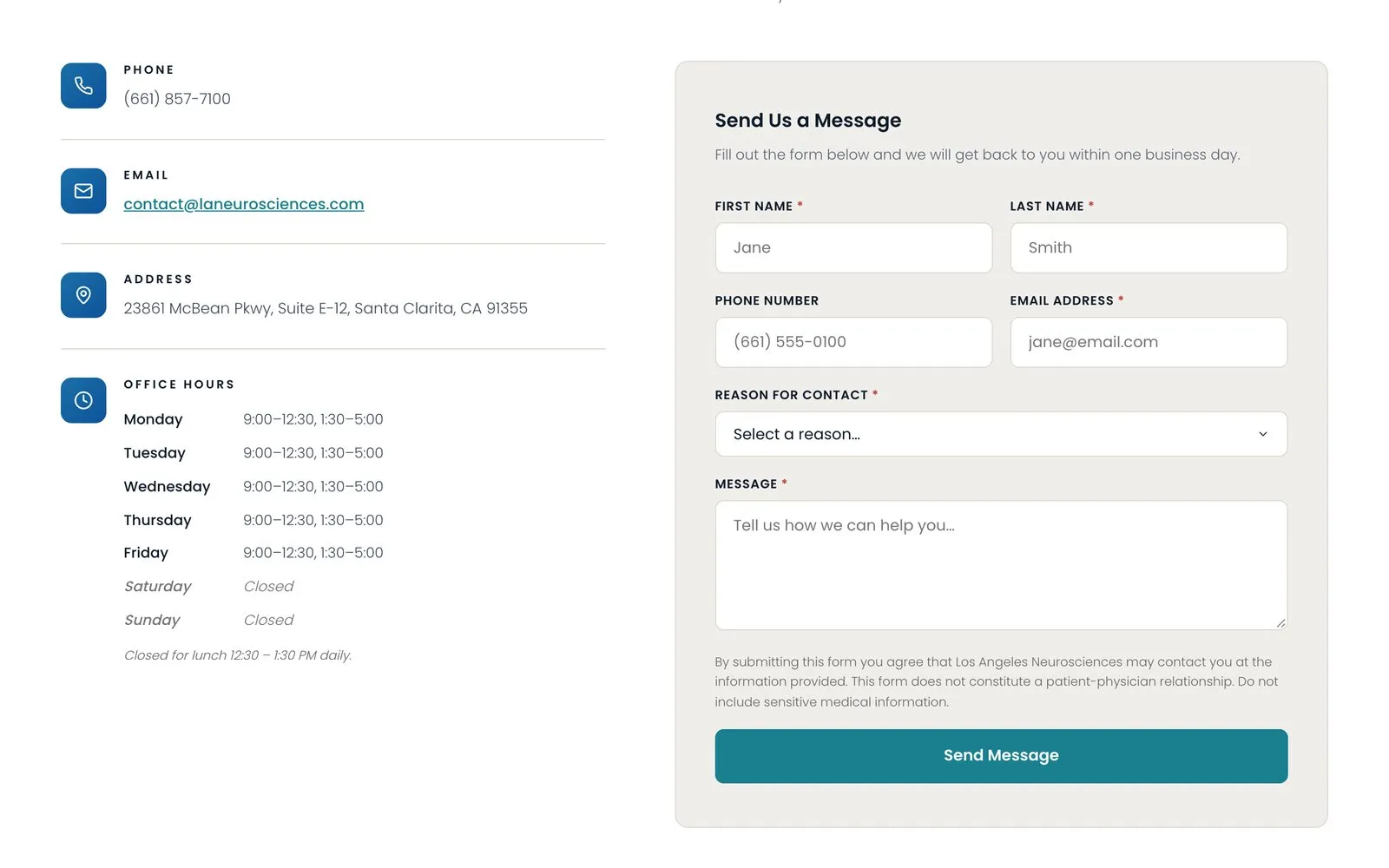 The contact form, with labeled fields for name, phone, email, reason for contact and message, beside the practice's phone, email, address and office hours.