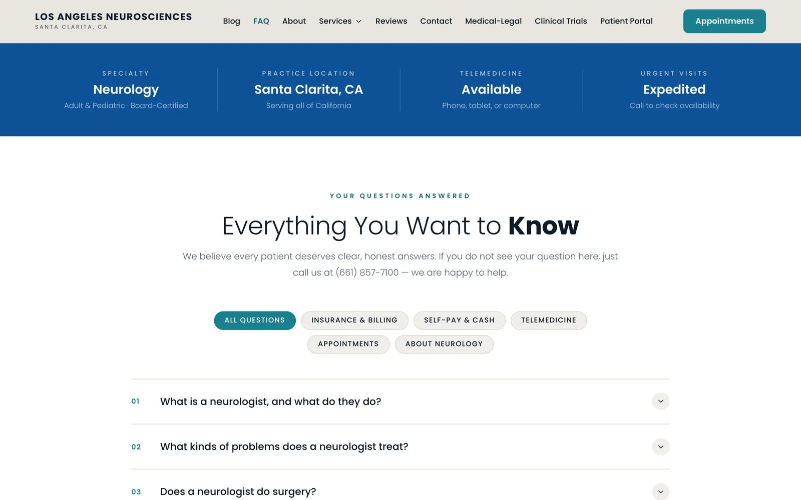 The FAQ page, headed Everything You Want to Know, with category filters above an accordion of numbered questions.