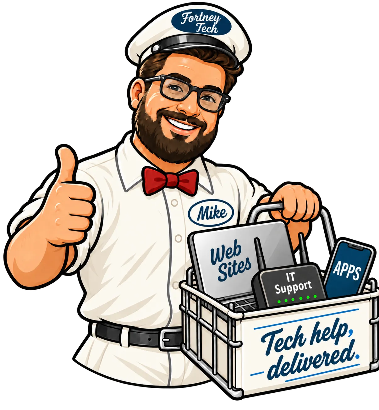 Cartoon of Mike as a 1950s milkman leaning out of a starburst, giving a thumbs up and holding a wire basket with a laptop, a router and a phone. His cap reads Fortney Tech and the basket reads Tech help, delivered.