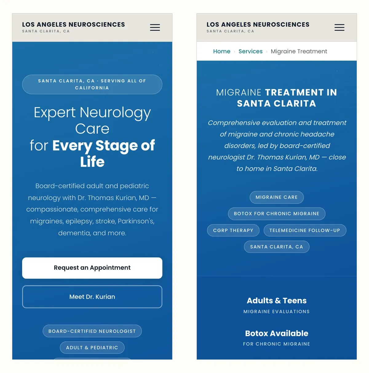 The new site on a phone, shown twice. On the left the homepage hero, on the right the migraine treatment service page with its service tags.
