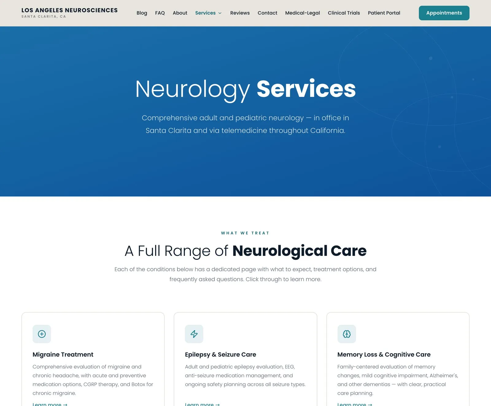 The services page, headed Neurology Services, above a grid of cards for migraine treatment, epilepsy and seizure care, and memory loss.
