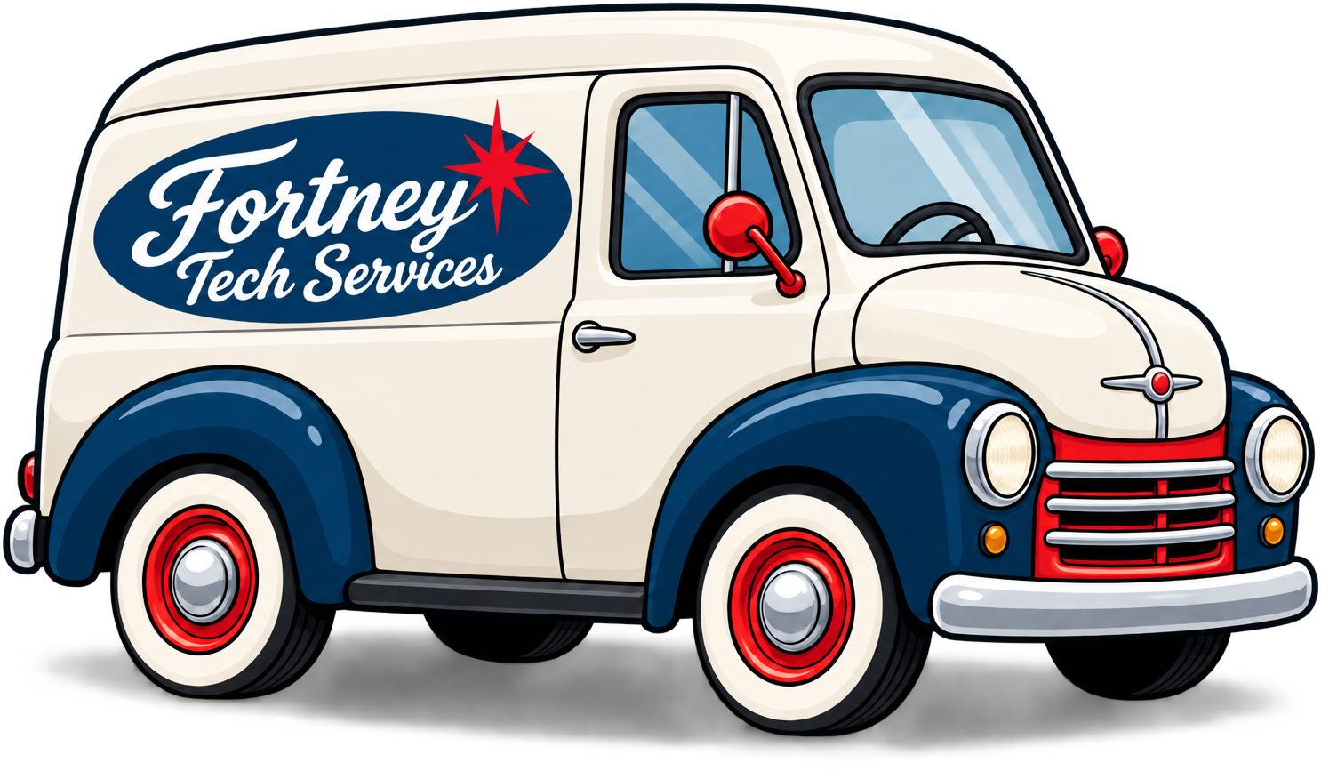 Cartoon 1950s delivery van, cream with navy fenders and whitewall tires, with a Fortney Tech Services logo on the side